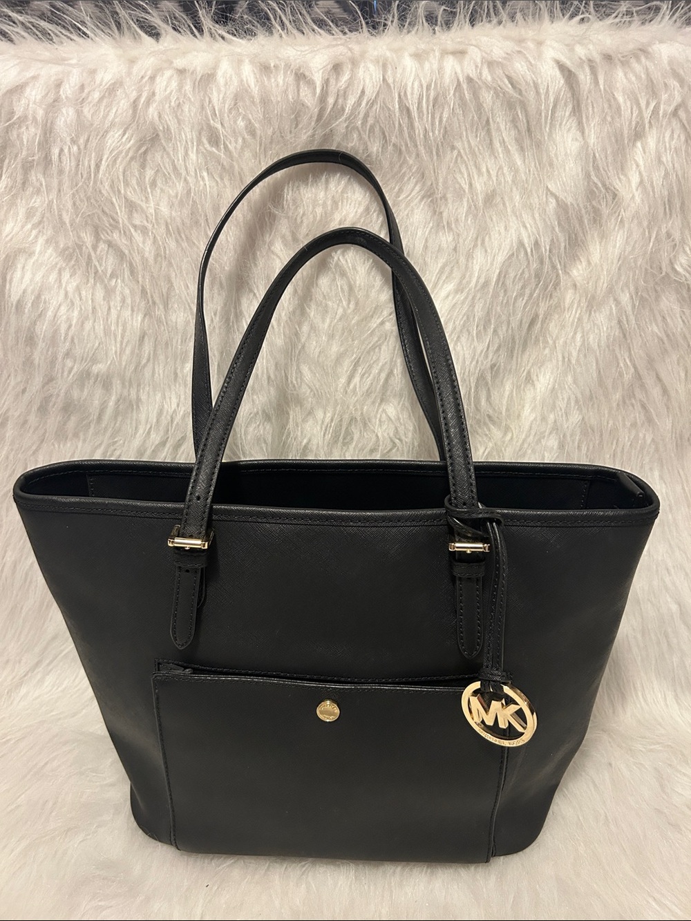 Michael Kors Black Saffiano Leather Tote with Gold MK Charm